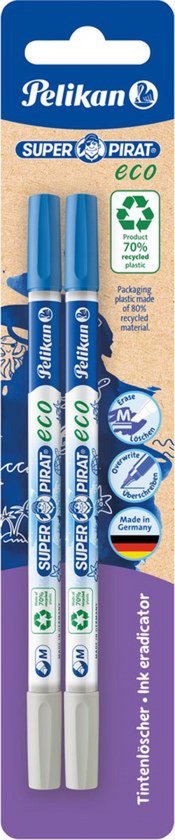 Deux effaceurs d'encre Pelikan Super Pirat Eco avec capuchons bleus et corps blancs. Effaceur d'encre avec logo éco.
