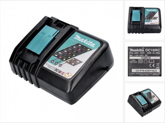 Collage van Makita DC18RC lader, met close-up en detail van het specificatielabel.