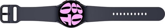 Een donkergrijs Samsung Galaxy horloge met een roze wijzerplaat '10:08'.