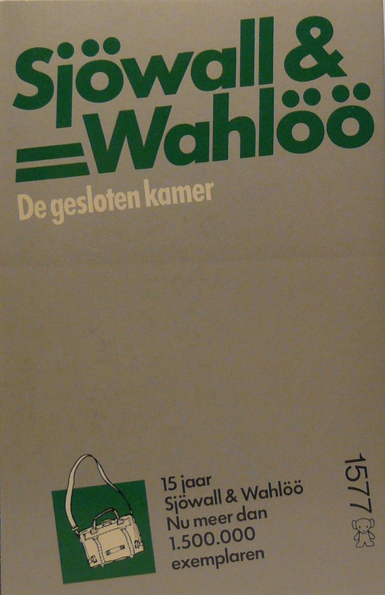 Boekcover met tekst 'Sjöwall & Wahlöö De gesloten kamer' en een illustratie van een tas.