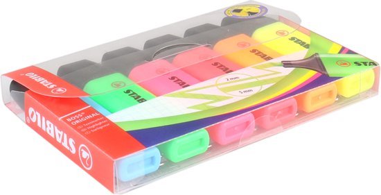 STABILO BOSS ORIGINAL etui met 6 markeerstiften: lichtblauw, groen, roze, rood, oranje, geel.