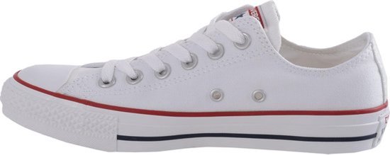 Witte Converse sneakers met rode en blauwe strepen op de zool.