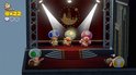 Verschillende Toads op een podium met spotlights en een rode loper.