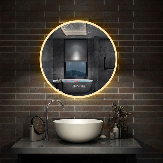 Miroir LED ROND 70cm avec horloge numérique, 3 couleurs de lumière blanc...  | bol.com