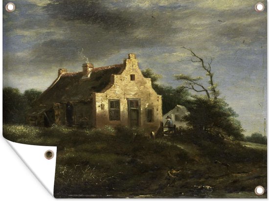 Tuinschilderij Boerenhuis in bosachtig duinlandschap - Schilderij van Jacob van Ruisdael - 80x60 cm - Tuinposter - Tuindoek - Buitenposter