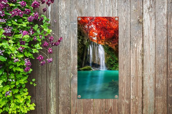 Poster de jardin Cascade - arbre - Rouge - Automne - Water - 40x80 cm - Décoration murale Outdoor - Poster de jardin - Toile de jardin - Poster de clôture - Tableau de jardin