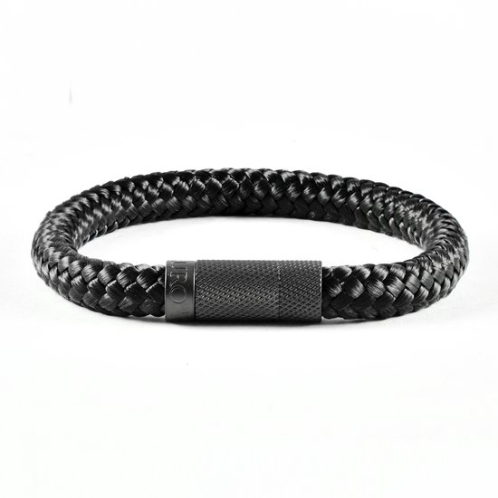 Heren armband zwart touw - Scheepstouw armband 8mm dik - 22,5cm - Stalen magnetische sluiting - Mauro Vinci Vicara Black- met geschenkverpakking