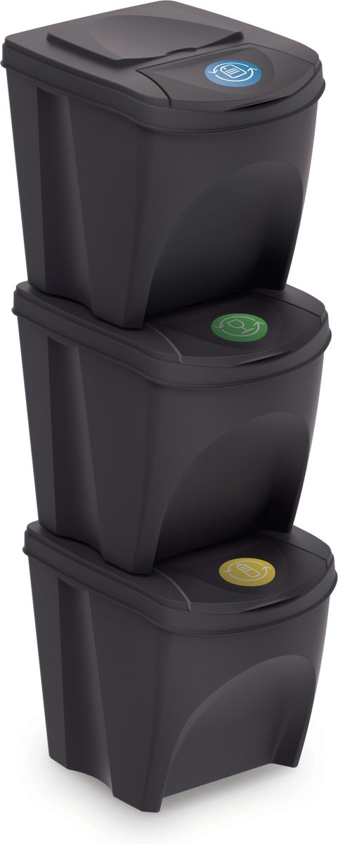 Set van 3x kunststof afvalscheidingsbakken antraciet/donkergrijs van 25 liter - Scheidingsprullenbakken