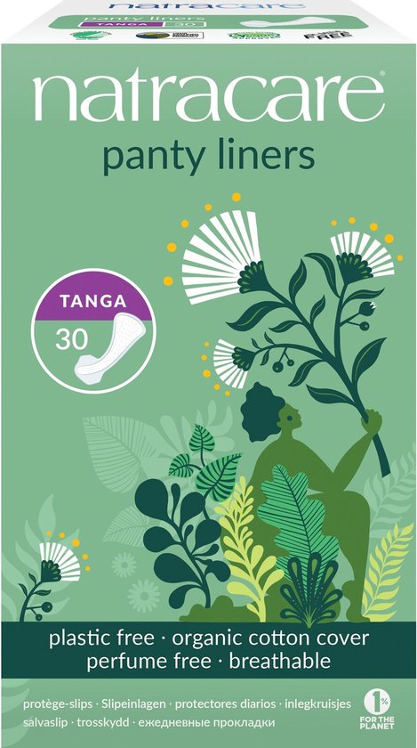 Groene verpakking van 30 Natracare tanga inlegkruisjes met organisch katoenen hoes, plasticvrij, parfumvrij en ademend. Met illustratie van planten en een vrouw.