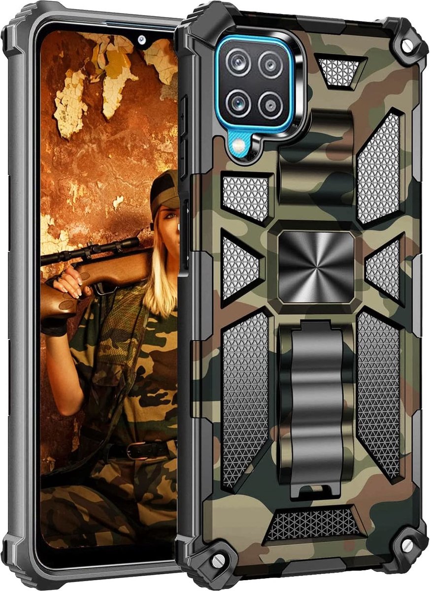Samsung A12 5G hoesje rugged extreme backcover met kickstand Camouflage - Groen