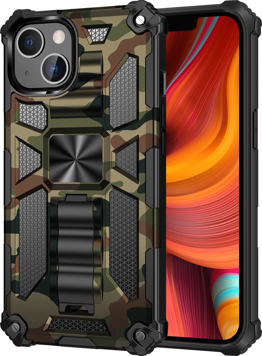 IPhone 13 13 hoesje rugged extreme backcover met kickstand Camouflage - Groen