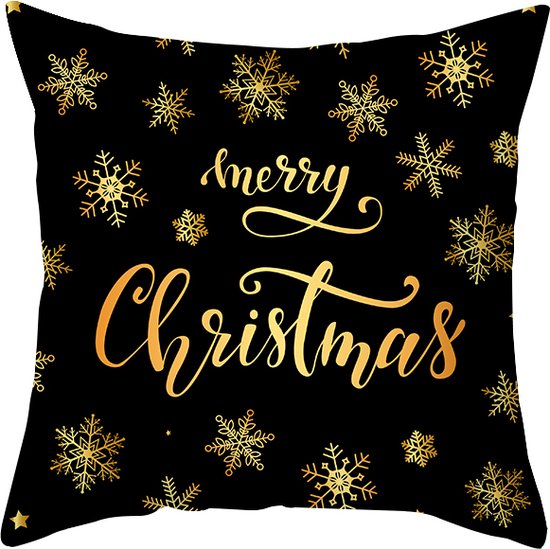 Without Lemon - Kerst Kussenhoes - Zwart met gouden "Merry Christmas" en Sneeuwvlokken - Kerst kussen - Kerstdagen - Feestdagen - Kerst - Decoratie - Woondecoratie - Kussenslopen - December - Cadeau