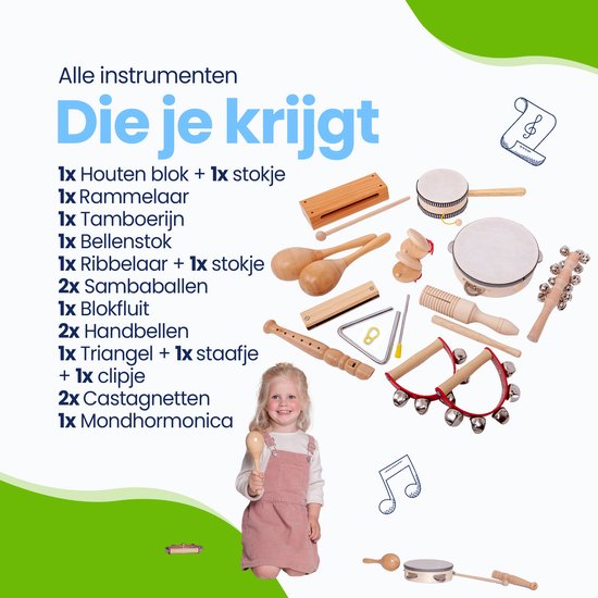 Kadoing® 18-Delige Houten Muziekinstrumenten Set - Montessori Speelgoed - Houten Speelgoed - Kinderspeelgoed - Muziek Cadeau voor Kinderen - Tamboerijn - Speelgoedinstrumenten - Muziekset - Kadoing