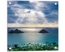Tuinposter – Uitzicht over Strand en Zee - Lanikai Beach - Hawaï - 50x50 cm Foto op Tuinposter (wanddecoratie voor buiten en binnen)