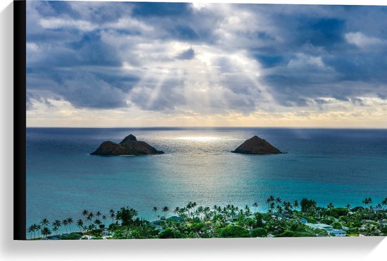 WallClassics - Canvas  - Uitzicht over Strand en Zee - Lanikai Beach - Hawaï - 60x40 cm Foto op Canvas Schilderij (Wanddecoratie op Canvas)