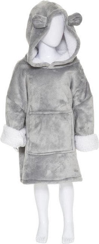 Snuggie - Kids - Hoodie Deken Blanket - Fleece Deken - Plaid Met Mouwen - Grijs Met Oortjes