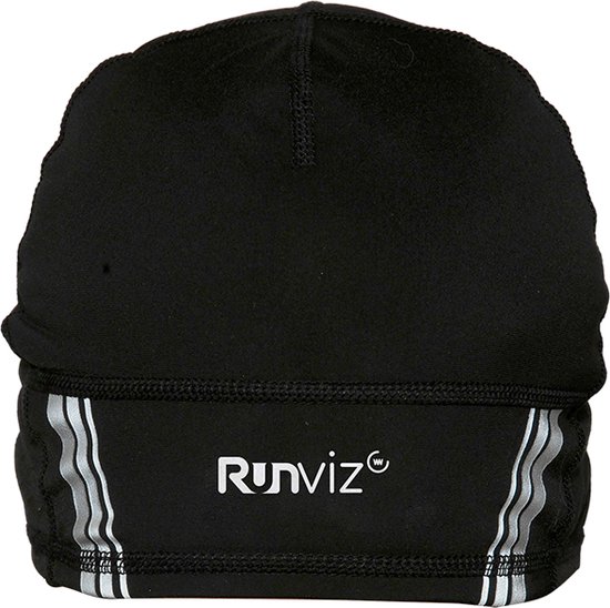 Zwarte hardloopmuts met zilveren reflecterende strepen en het 'Runviz' logo.