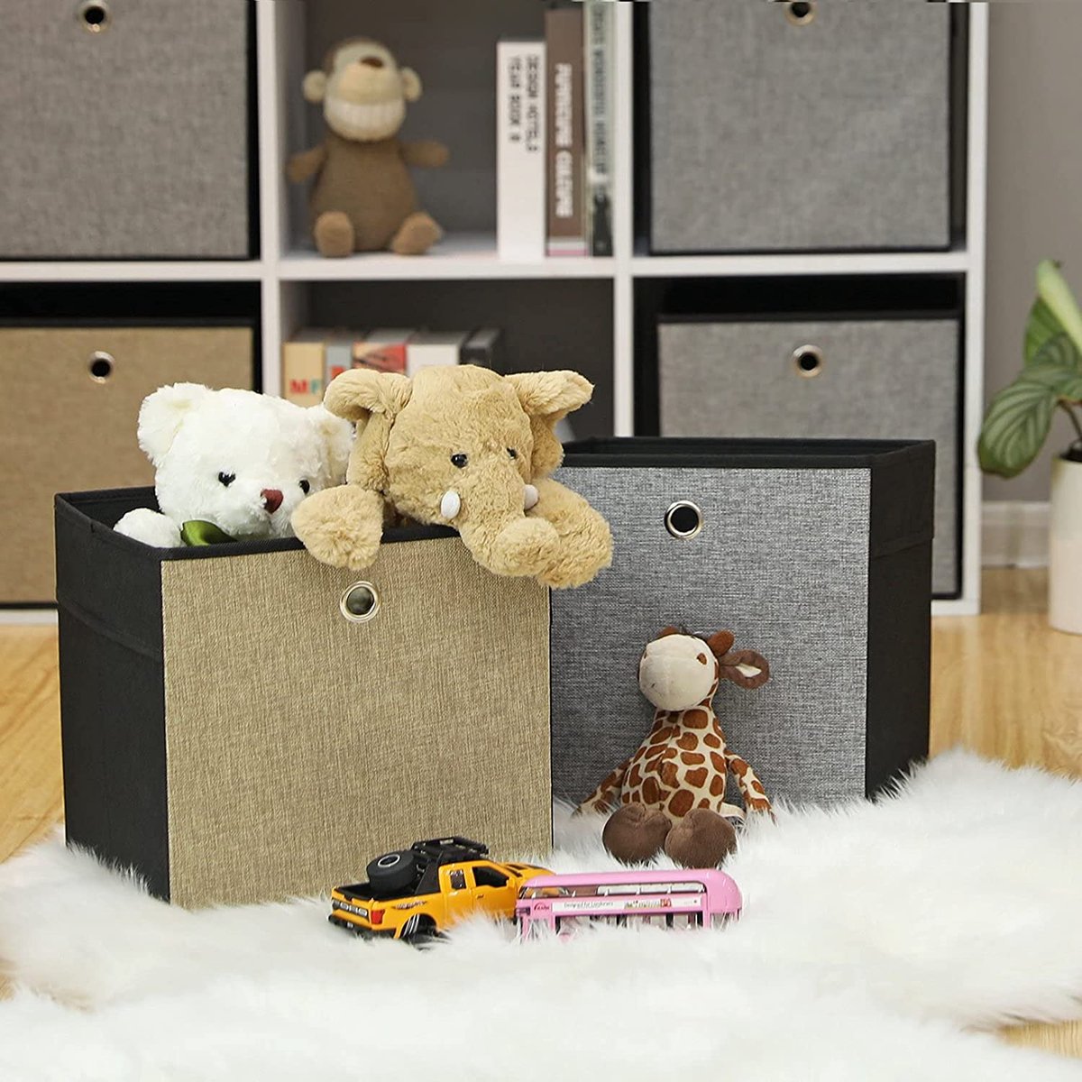 Set van 6 opbergboxen, zijkanten in verschillende kleuren - bruin, grijs en zwart, opvouwbare stoffen doos voor kleding, vouwdoos, speelgoed organizer, 30 x 30 x 30 cm HMOB30GB