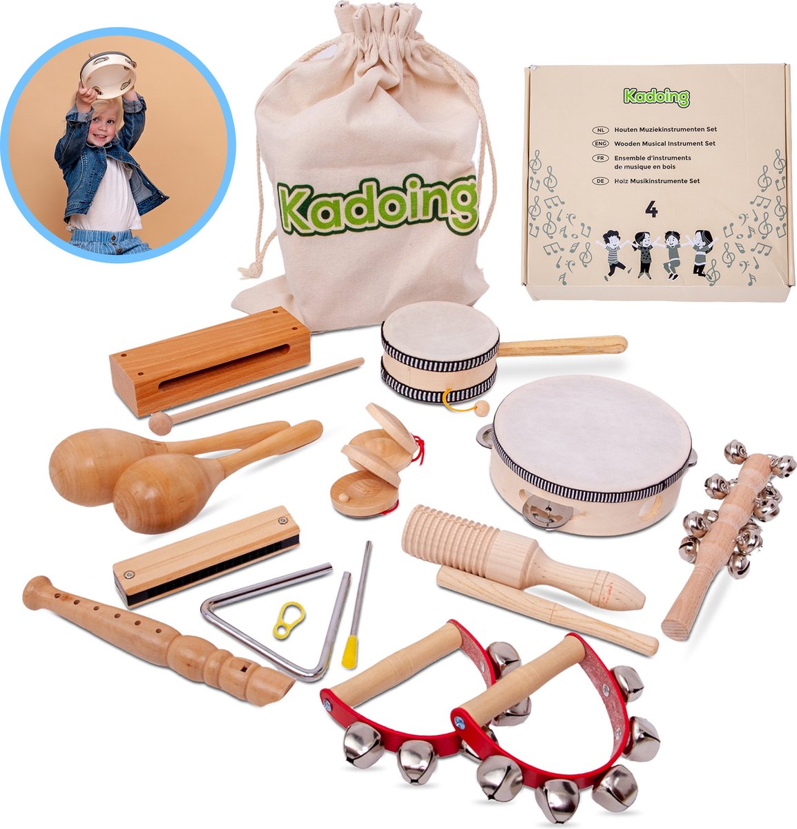 Kadoing 18-Delige Houten Muziekinstrumenten Set - Duurzaam Cadeau - Educatief Speelgoed - Verjaardag Thuis - Montessori School - Triangel - Tamboerijn - Fluit - Blokfluit - Rammelaar - Mondharmonica - Kinderspeelgoed - Muziek Voor Kinderen