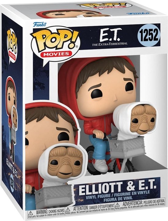 Pop-figuur van Elliott met rode hoodie en E.T. in een mandje op een fiets.