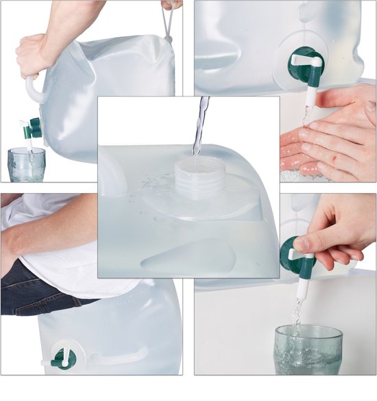 Collage van afbeeldingen die het gebruik van een transparante, opvouwbare jerrycan met kraan laten zien.