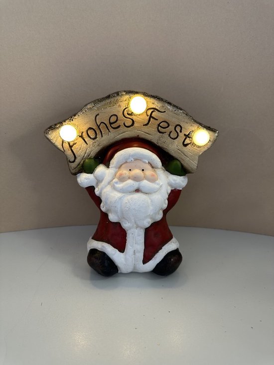 Figurine de Noël Père Noël "Frohes Fest" -avec LED - Rouge + or & paillettes - céramique - hauteur 15x15x8 cm - Décoration de Noël