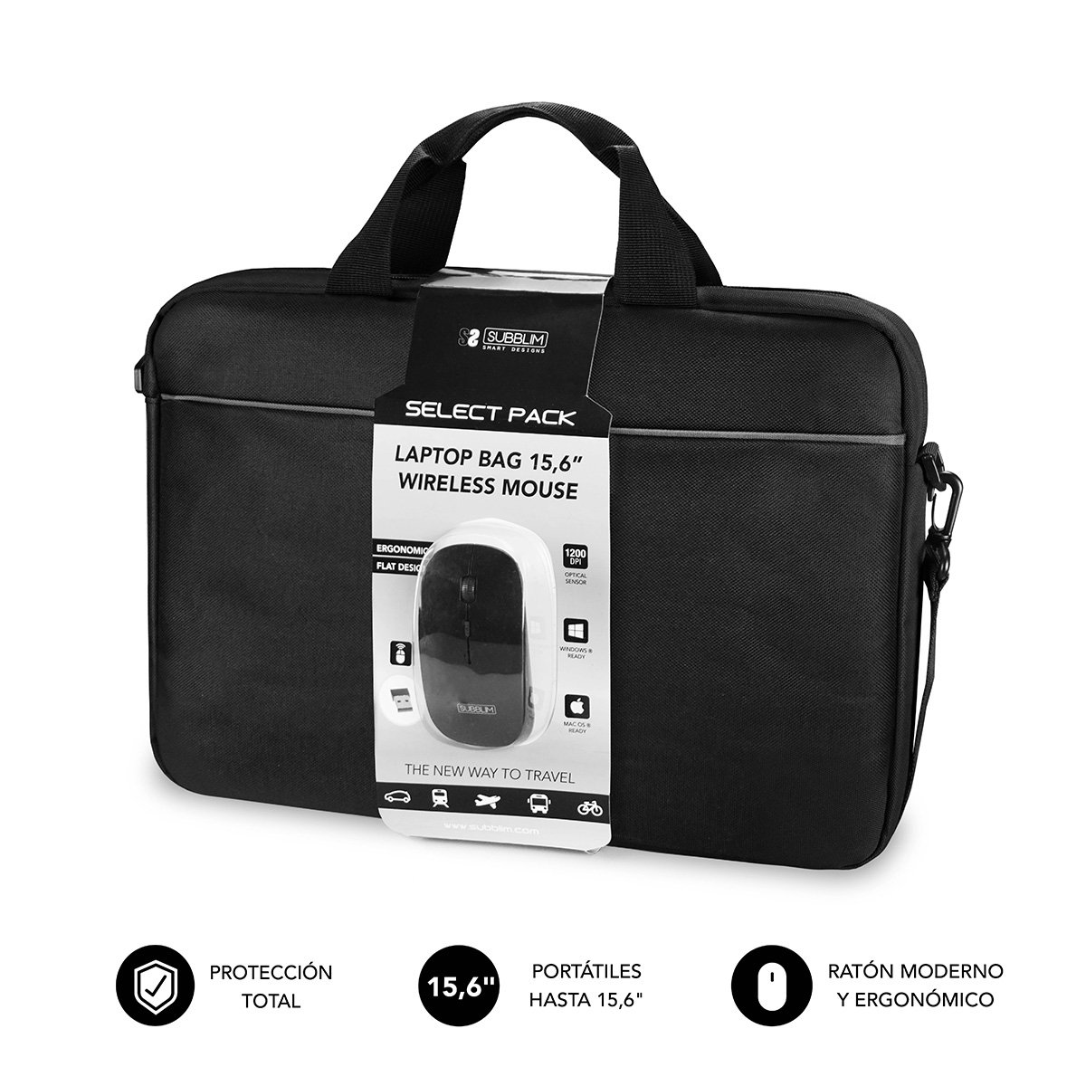 Laptop Case Subblim Maletín con Ratón Select Pack Wireless Mouse USB + Laptop bag 15,6"
