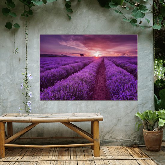 Meester Aan De Muur - Schilderij - Doek Schilderstuk Muurdecoratie Fotokunst Tafereel Lavender Field At Sunset - Multicolor - 150 X 100 Cm
