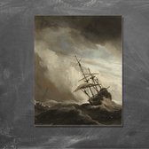 Wanddecoratie / Schilderij / Poster / Doek / Schilderstuk / Muurdecoratie / Fotokunst / Tafereel Een schip in volle zee bij vliegende storm, bekend als ‘De windstoot’ - Willem van de Velde (II) gedrukt op Geborsteld aluminium