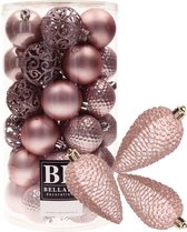 Kerstballen en dennenappel ornamenten - 43x stuks - kunststof - lichtroze