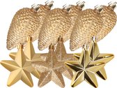 Dennenappels en sterren kerstornamenten - 12 stuks - kunststof - goud