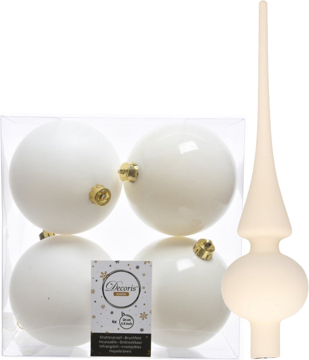 Kunststof kerstballen - 10 cm - 8x stuks - met glazen piek - wol wit