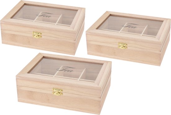 Houten Theedoos in landelijke stijl - 6 of 9 vakken - duurzaam