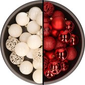 Kerstballen - 74x stuks - wol wit en rood - 6 cm - kunststof