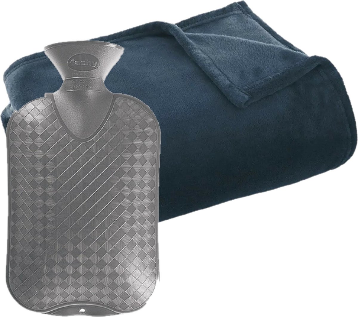 Fleece deken/plaid Navy Blauw 130 x 180 cm en een warmwater kruik 2 liter