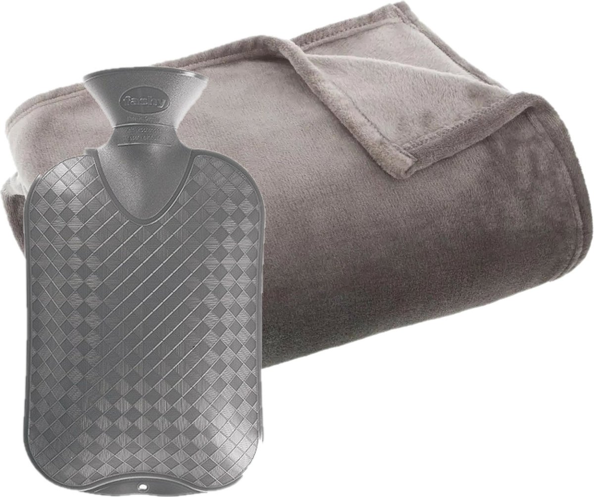 Fleece deken/plaid Grijs 130 x 180 cm en een warmwater kruik 2 liter