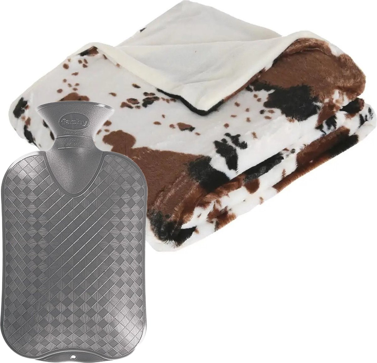 Fleece deken/plaid koeien-print bruin 130 x 160 cm en een warmwater kruik 2 liter
