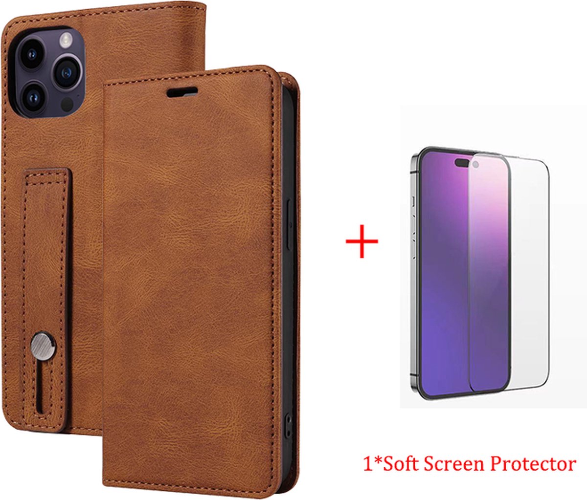 Somstyle iPhone 14 Pro Hoesje Leer Met Screenprotector - Wallet Book Case - Bruin
