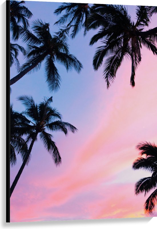 WallClassics - Canvas  - Silhouet van Palmbomen bij Pastekleuren in de Lucht - 80x120 cm Foto op Canvas Schilderij (Wanddecoratie op Canvas)