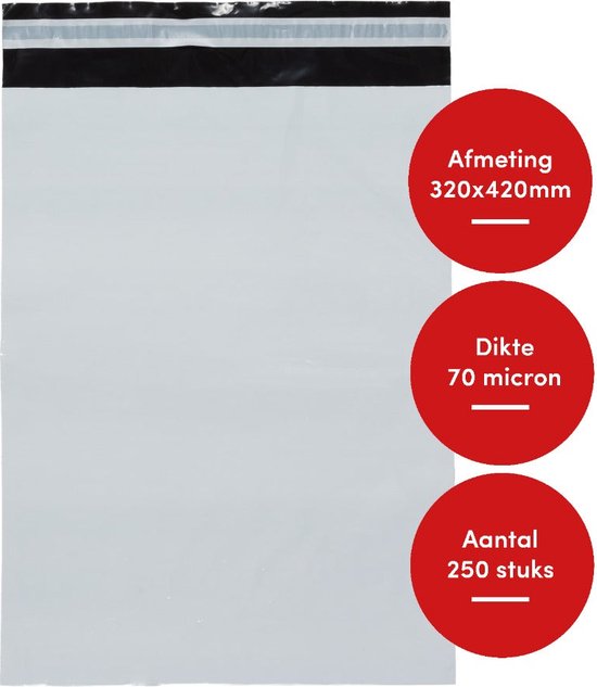 250x Verzendzakken voor kleding / verzendenveloppen / coex zakken / webshop zakken / 320 x 420 mm - 70 micron dik - wit (M)