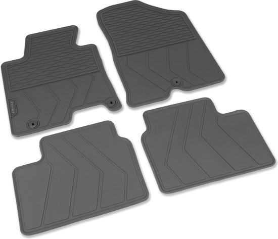 Set van vier grijze Kovvar rubberen automatten in verschillende ontwerpen.