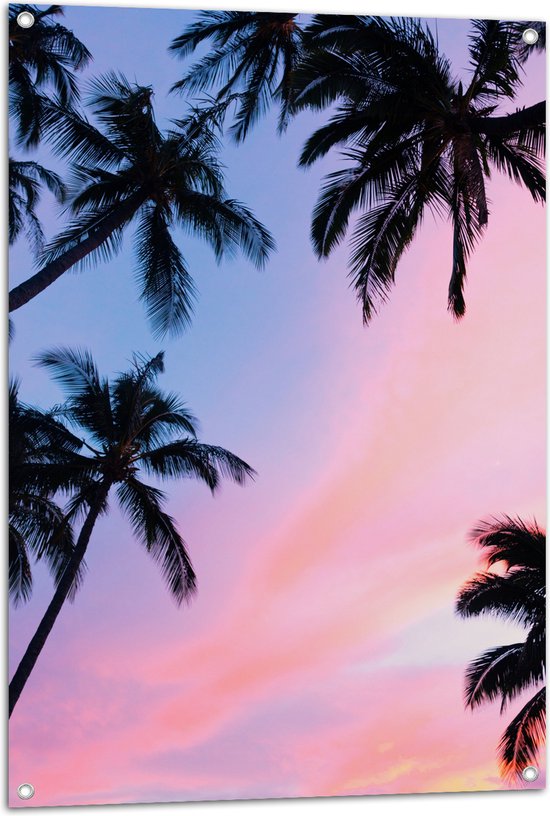 WallClassics - Tuinposter – Silhouet van Palmbomen bij Pastekleuren in de Lucht - 70x105 cm Foto op Tuinposter  (wanddecoratie voor buiten en binnen)