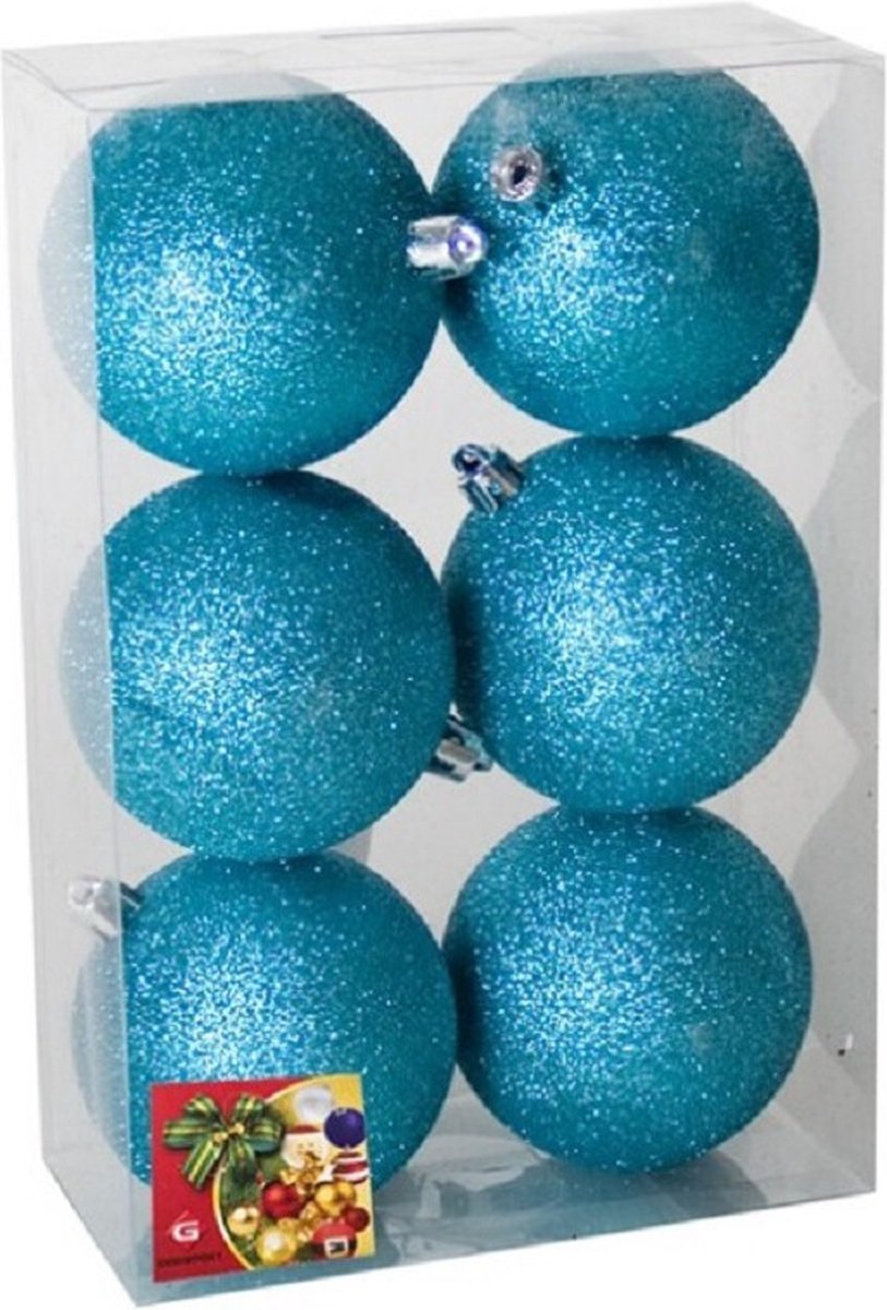 Gerim Kerstballen - 6 stuks - ijsblauw - kunststof - glitters - D8 cm