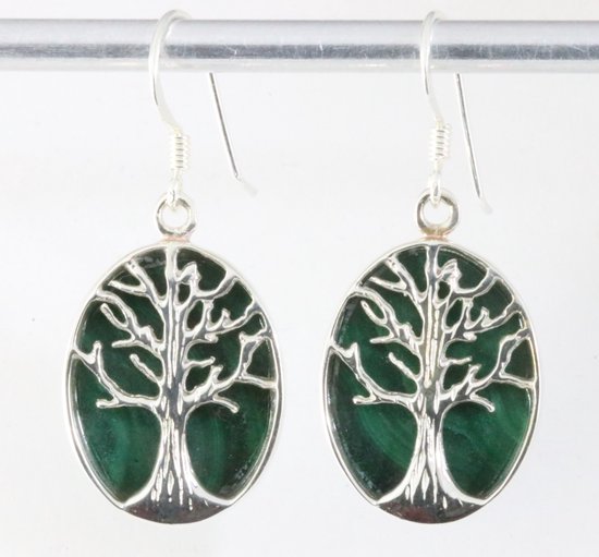 Boucles d'oreilles ovales en argent avec arbre de vie sur malachite