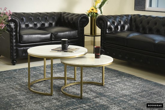 Design salontafel set van 2 ELEGANCE 70cm wit met marmer decor messing gouden frame