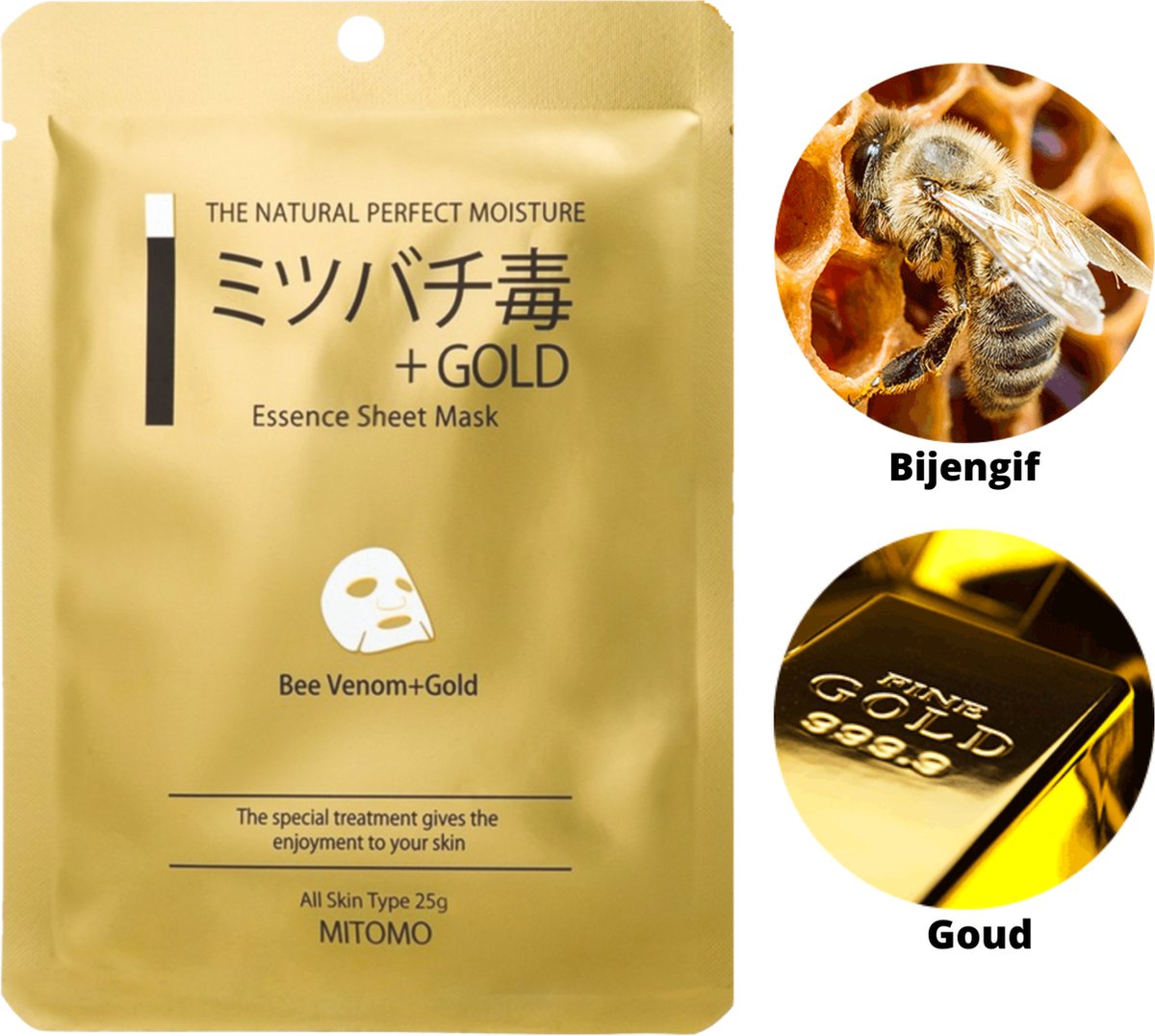 Goedkoopste Mitomo Gold & Bee Venom Tissue Masker - 1 x 25g - Gezichtsmasker - Sheet Masker - Gezichtsverzorging Dames