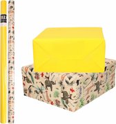 4x Rollen kraft inpakpapier jungle/oerwoud pakket - dieren/geel 200 x 70 cm - cadeau/verzendpapier