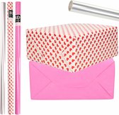 6x Rollen kraft inpakpapier transparante folie/hartjes pakket - roze/harten design 200 x 70 cm - Valentijn/liefde/cadeaupapier