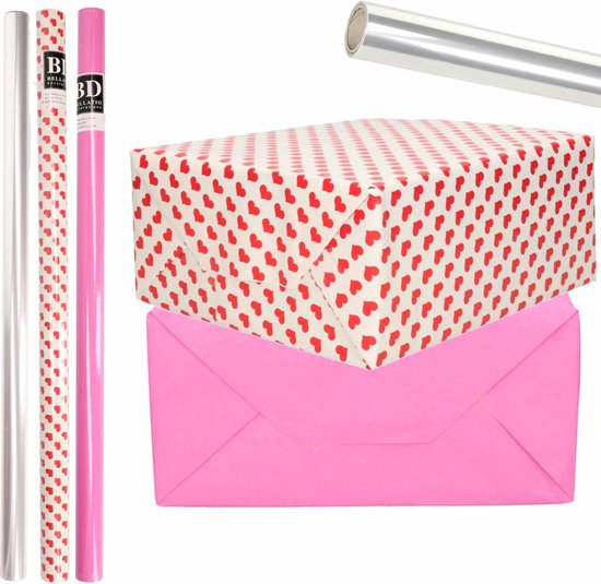 6x Rouleaux de papier d'emballage kraft transparent/paquet coeur -  rose/motif coeurs... | bol.com