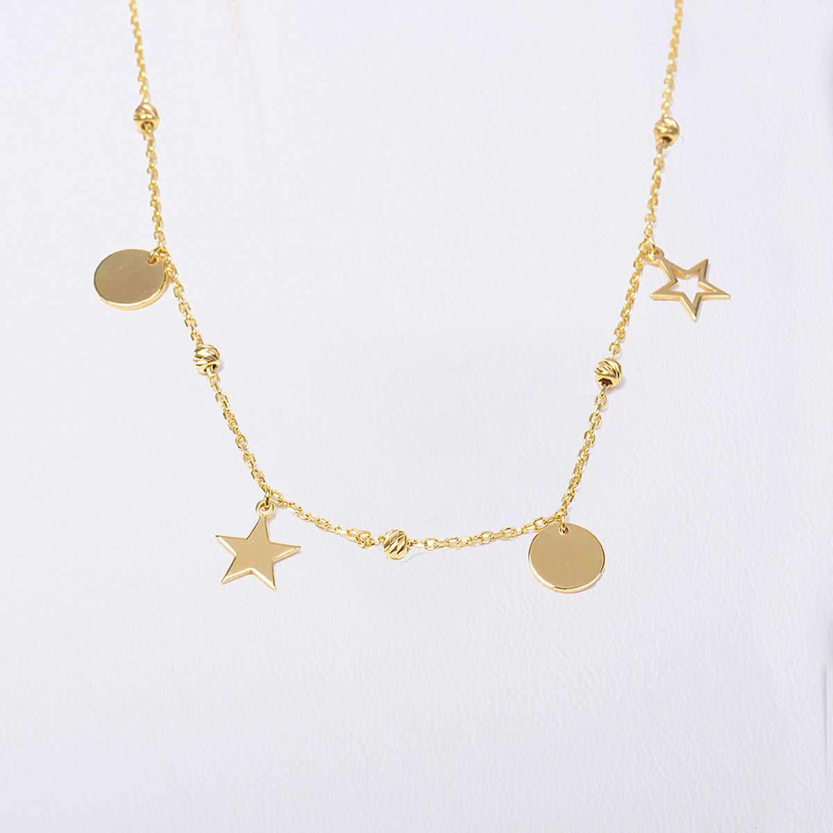 MeYuKu- Sieraden- 14 karaat gouden ketting met sterren en schijven kralen hangers